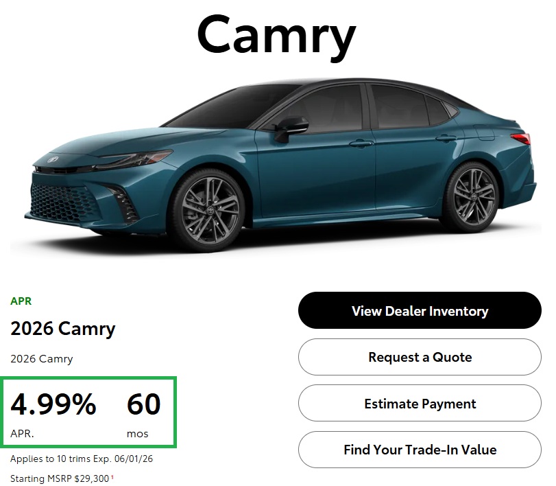 Toyota 4.99% APR financing offer