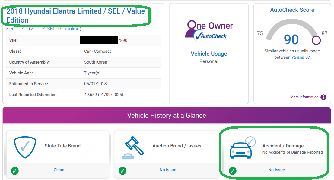 Elantra AutoCheck showing no issues
