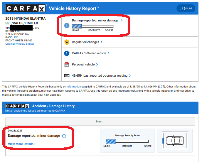 Elantra CarFax showing minor damage