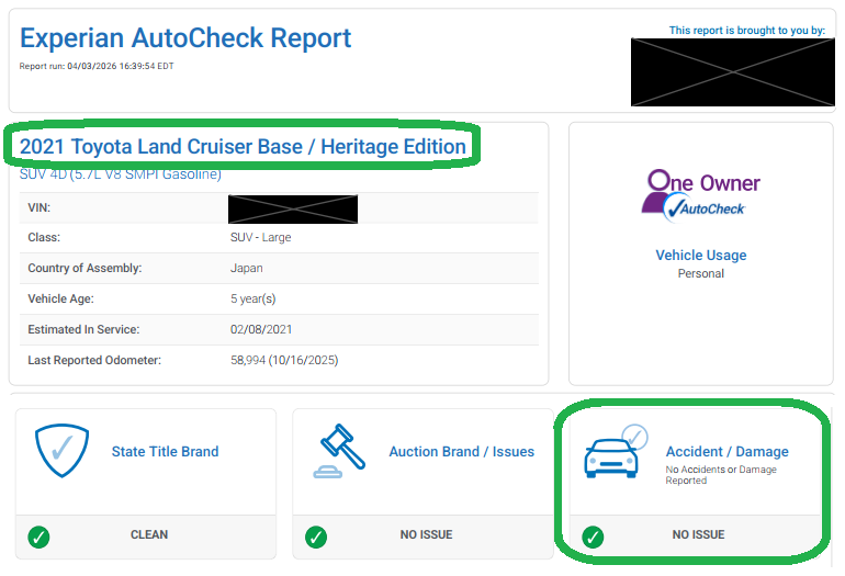 Land Cruiser AutoCheck showing no issues