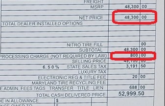Mercedes paperwork showing the dealer fee charged on top of the advertised price