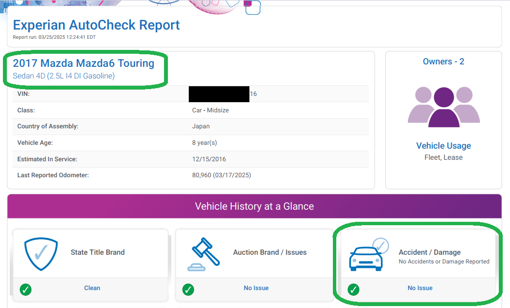 Mazda 6 AutoCheck showing no issues