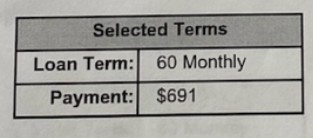 Preliminary purchase agreement showing 60-month loan term with a $691 monthly payment
