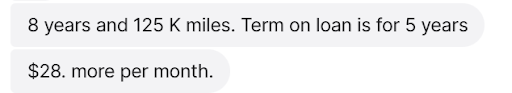 Text message from client showing the dealership quoted $28 more per month for the extended warranty