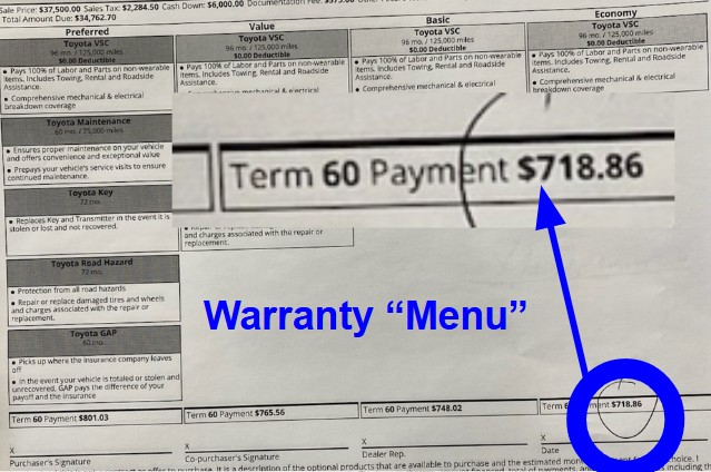 Warranty menu document showing a monthly payment of $718.86 with the extended warranty included