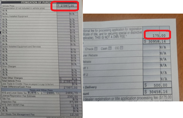Toyota paperwork showing the dealer fee charged on top of the advertised price