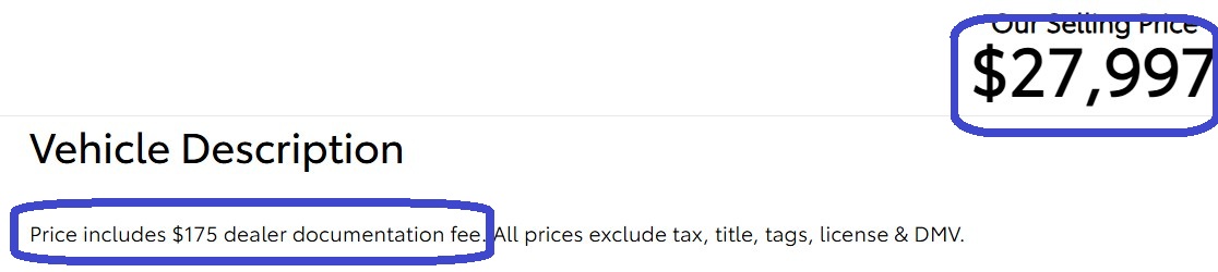 Toyota dealership website showing advertised price with dealer fee included