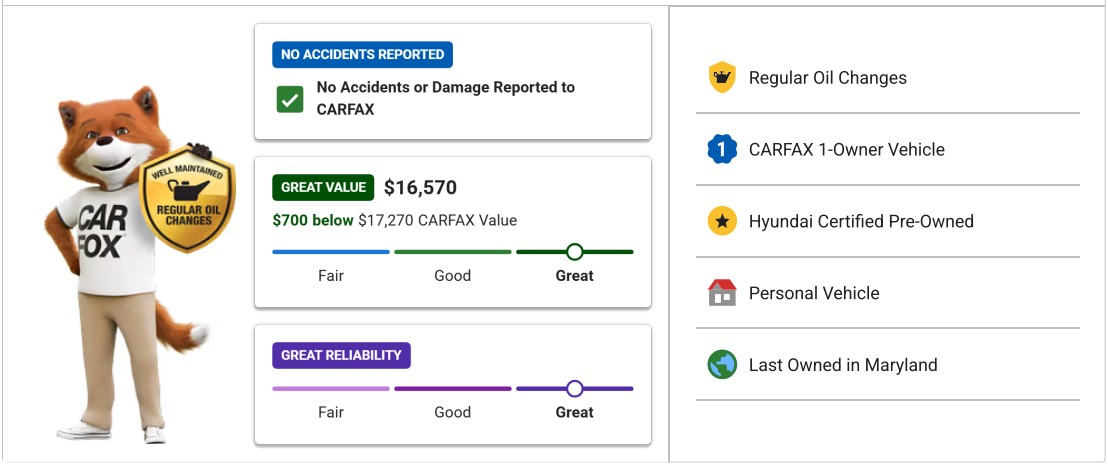 Carfax badges showing no accidents, one owner, and good value