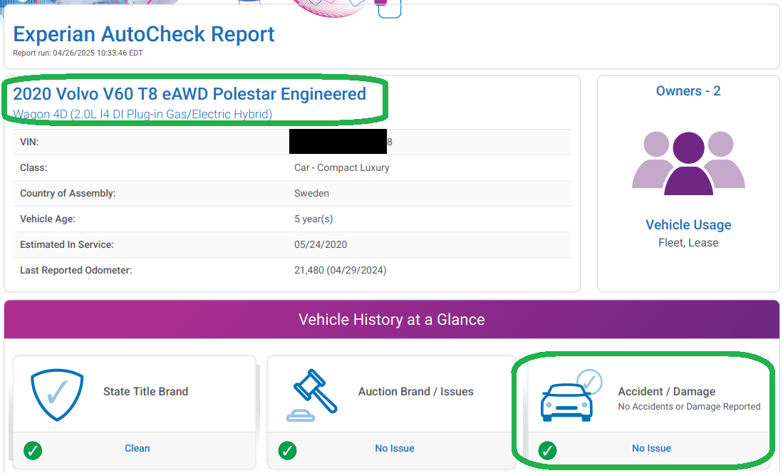Volvo V60 AutoCheck showing no issues