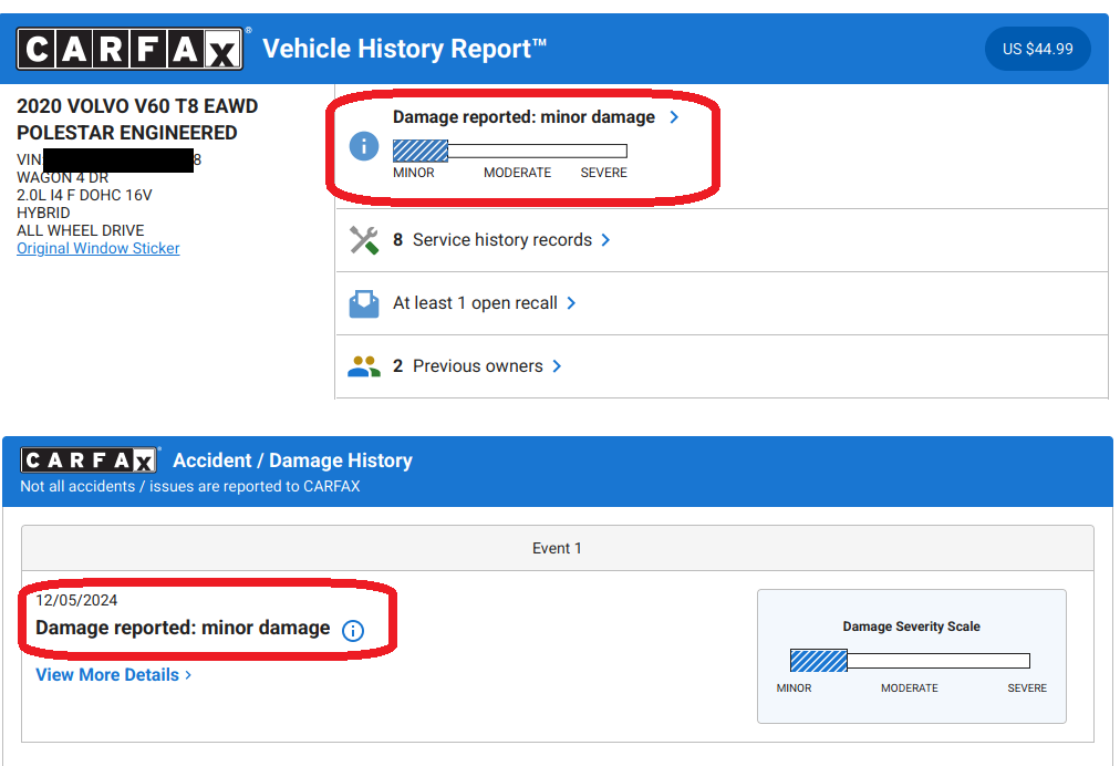Volvo V60 CarFax showing minor damage