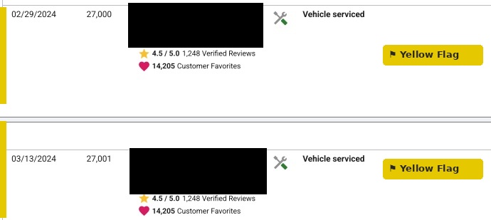 Carfax service history entries from Feb 2024 to March 2024, annotated
