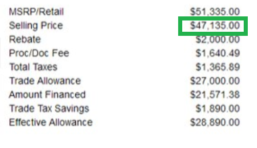 Deal proposal showing a selling price of $47,135 on a 2026 Kia Carnival Hybrid