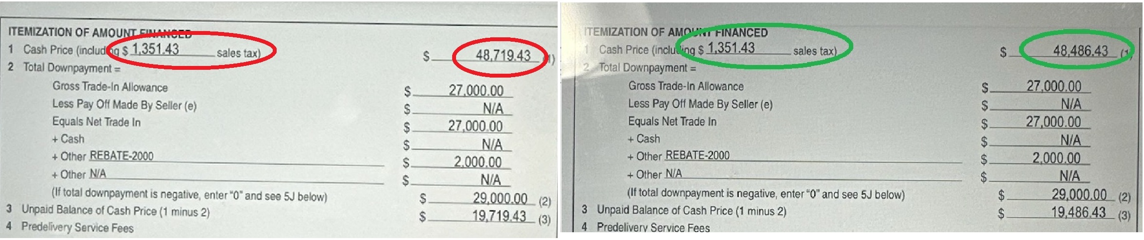 Two contracts side by side comparing a cash price of $48,719.43 to a corrected $48,486.43