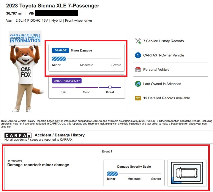 2023 Toyota Sienna CarFax showing minor damage