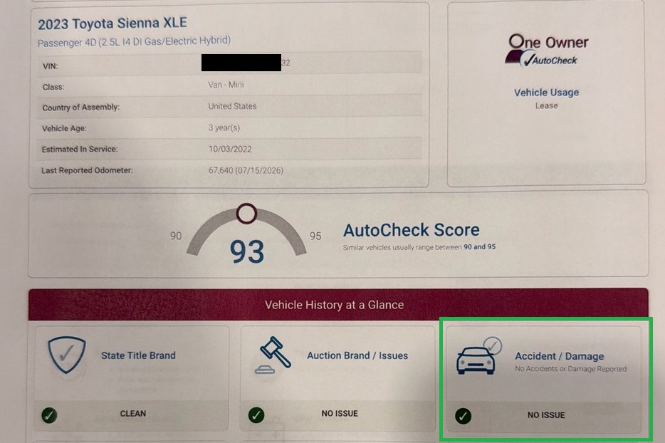 2023 Toyota Sienna AutoCheck showing no issues