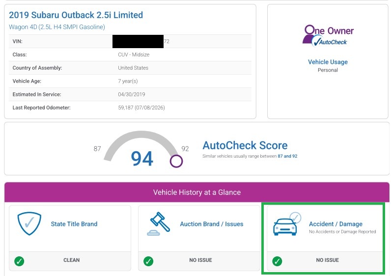 2019 Subaru Outback AutoCheck showing no issues