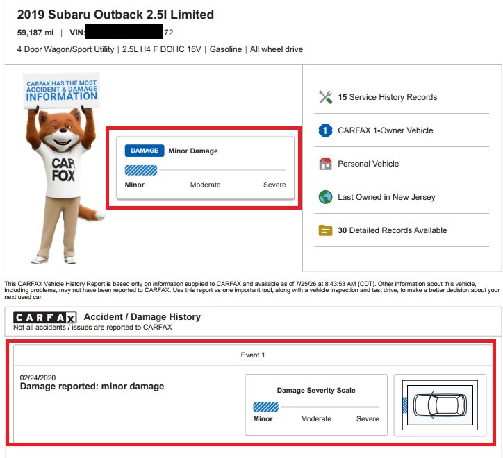 2019 Subaru Outback CarFax showing minor damage